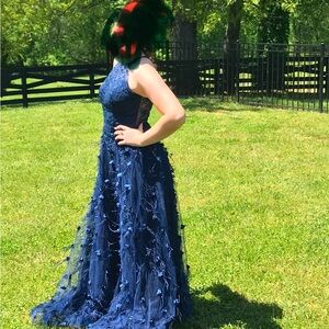 “JOVANI” Navy Blue Feather Formal Dress Size 12